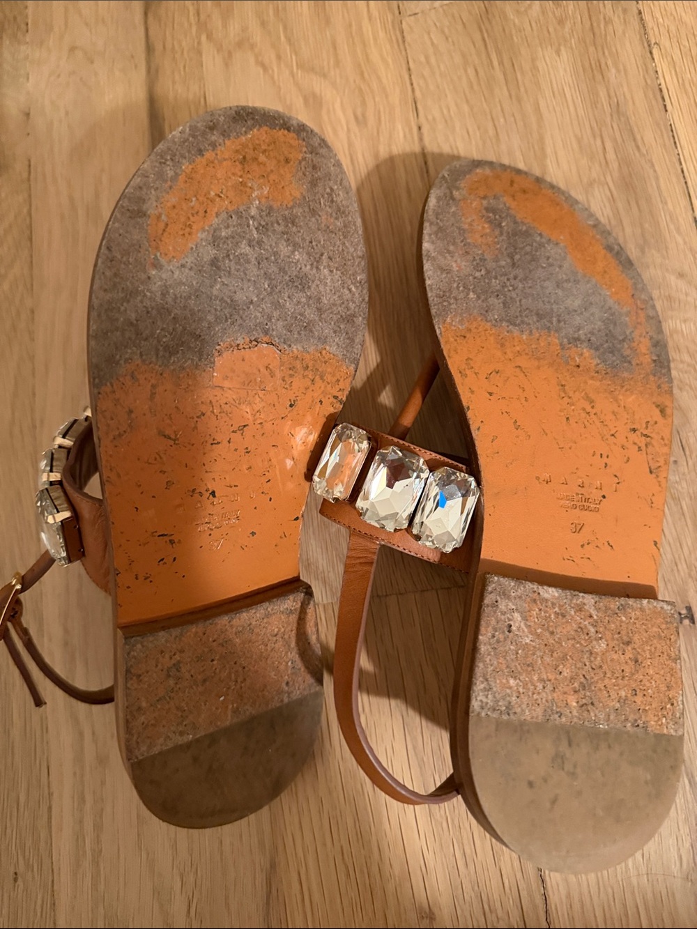 MARNI Embellished Tan Leather T-Strap Sandals SIZE 37 - Picture 4 of 5